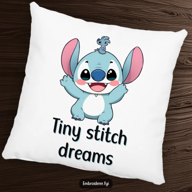 Funny pillow featuring a delighted character holding up a ridiculously small stitch, perfect for cozying up in sewing nooks with charm.