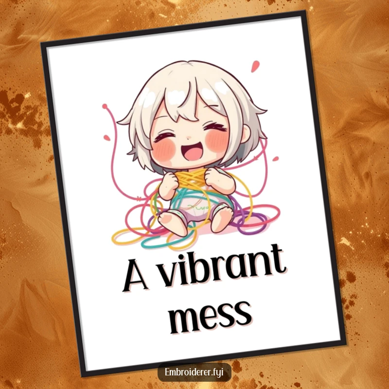 Funny tangled thread digital art print, featuring a character giggling while playfully entangled in colorful embroidery threads, symbolizing creative fun.