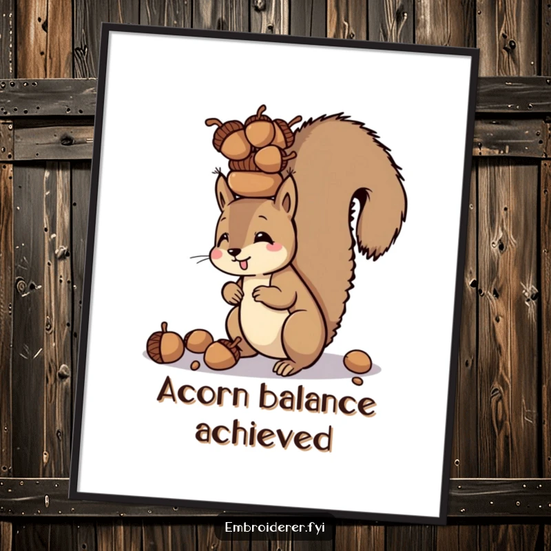 Funny digital art print of a squirrel balancing a tower of acorns on its head, ideal for focused wall decor.