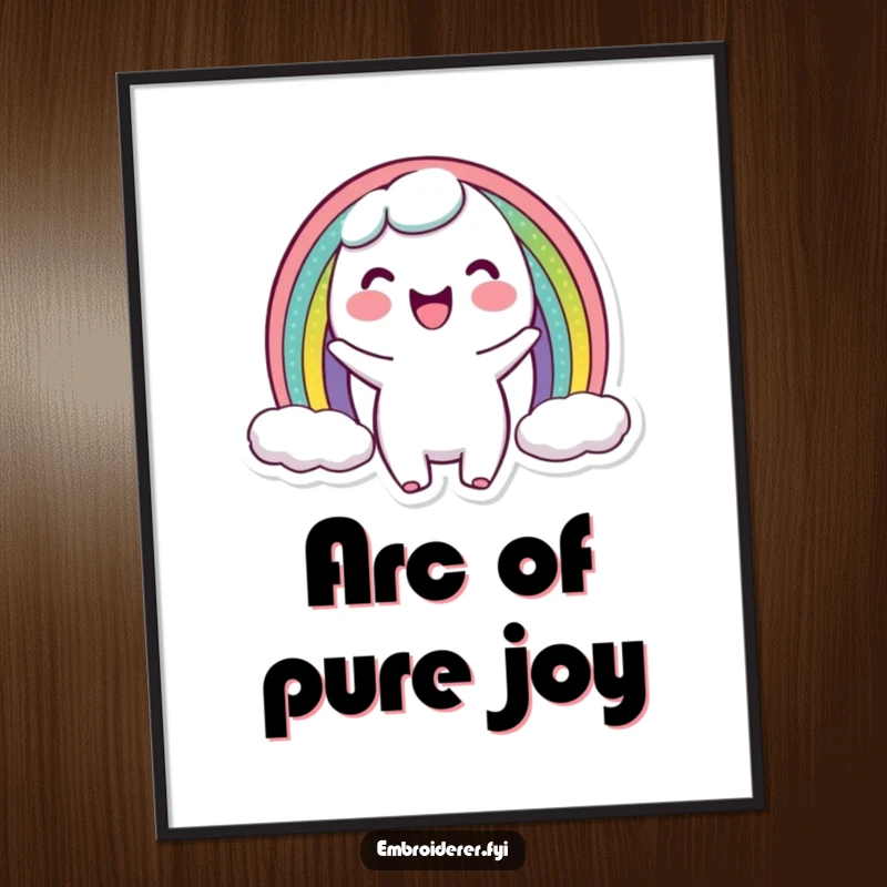 Funny digital art print of a character proudly showing off a miniature rainbow arc, embodying joy, creativity, and colorful crafting.