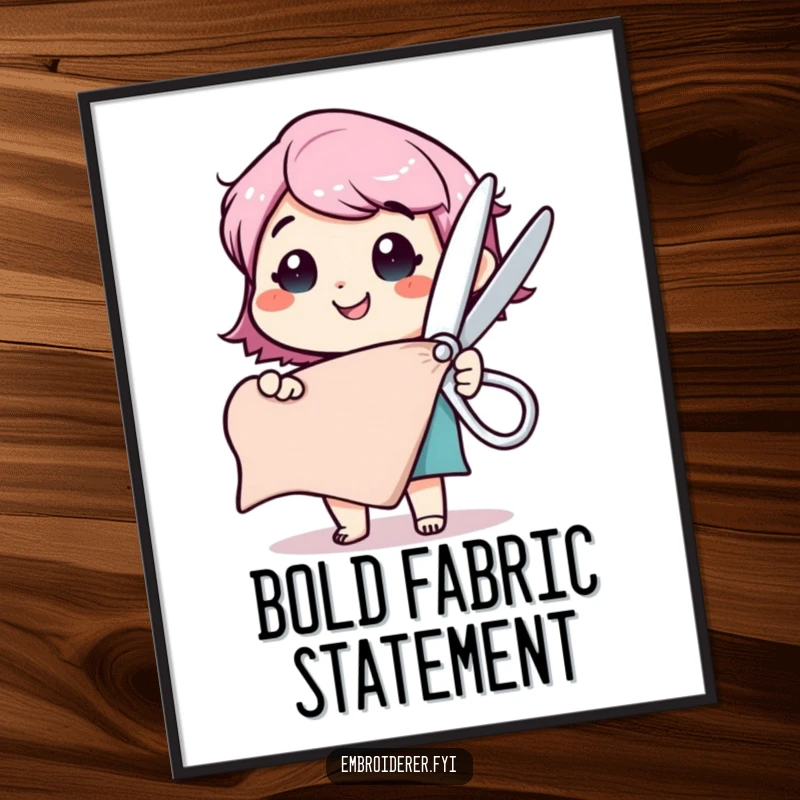 Funny digital art print of a happy character with comically large scissors, poised to cut a fabric swatch with excitement.