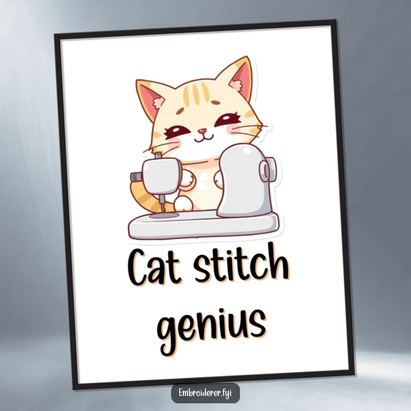Funny digital art print of a determined cat intently sewing, perfect for framing and adding focused craft humor.