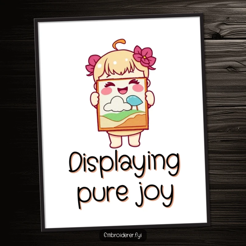 Funny digital art print of a joyful character holding up a piece of embroidered art, perfect for inspiring decor.