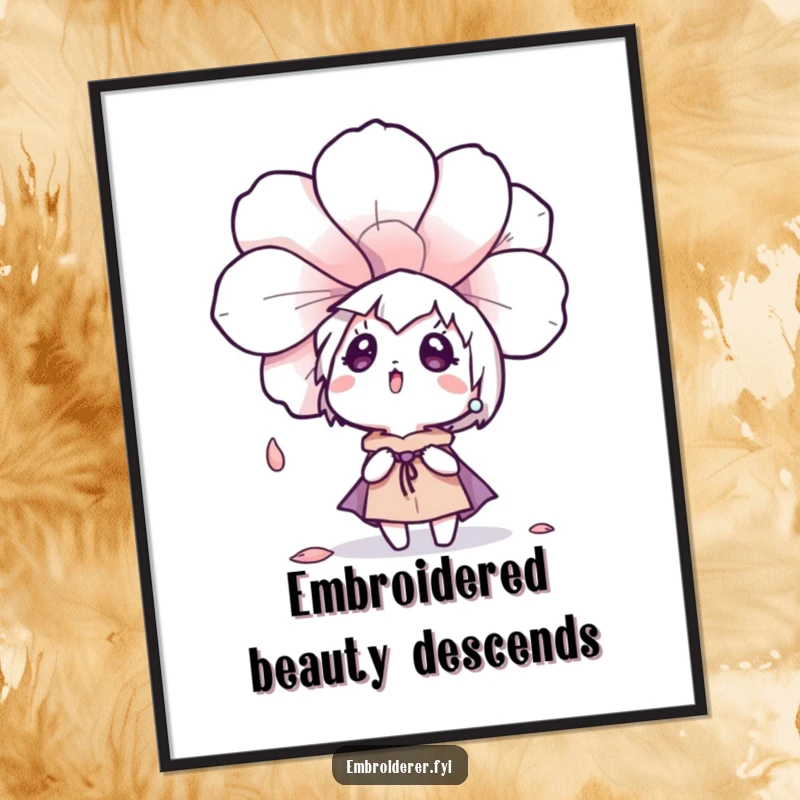 Funny character surprised by a drifting embroidered flower petal, a digital art print symbolizing whimsical wonder.