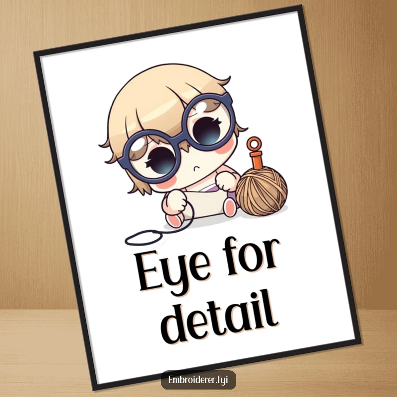 Funny crafter digital art print of a cute character in glasses, focused on needle and thread, for decor.