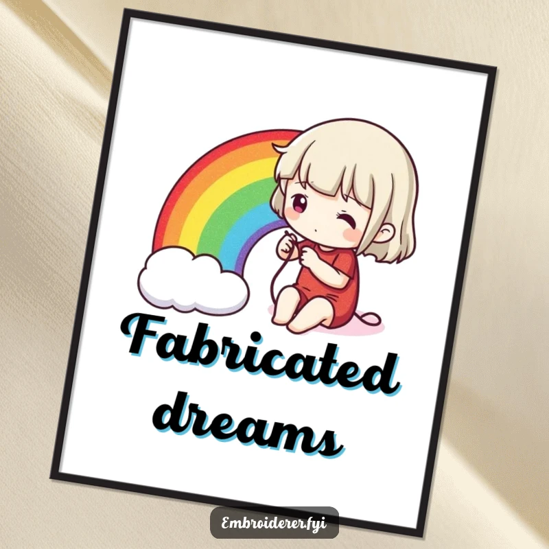 Funny stitching rainbow digital art print, featuring a character meticulously sewing a vibrant rainbow, symbolizing creativity and artistry.