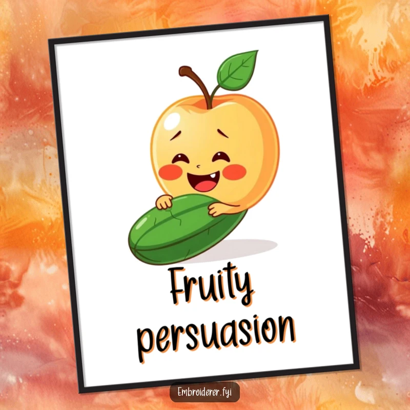 Funny digital art print of a delighted apple trying to stitch a smile onto a grumpy cucumber's face.