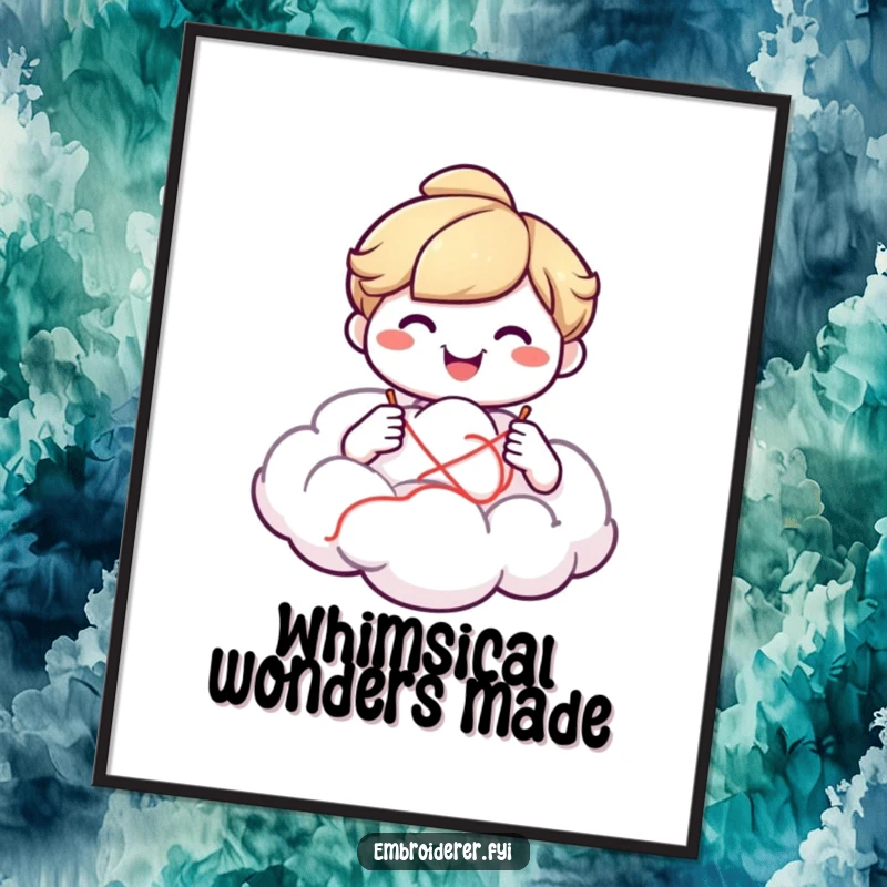 Funny smiling character sewing a fluffy cloud, presented as a digital art print for humorous, whimsical decor.