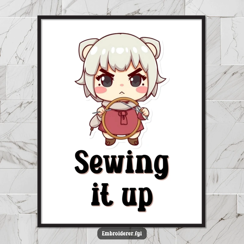 Funny digital art print of a determined character intensely focused on needlepoint, capturing the humorous dedication of a true crafter.