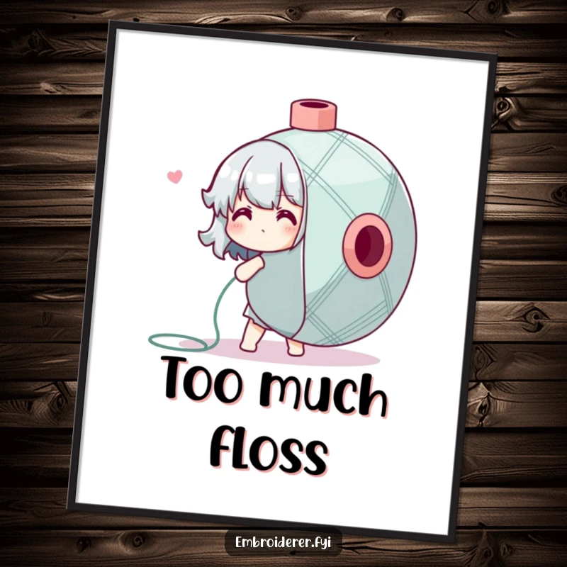 Funny Digital Art Print of a character adorably struggling with a massive spool of embroidery floss, a humorous piece.