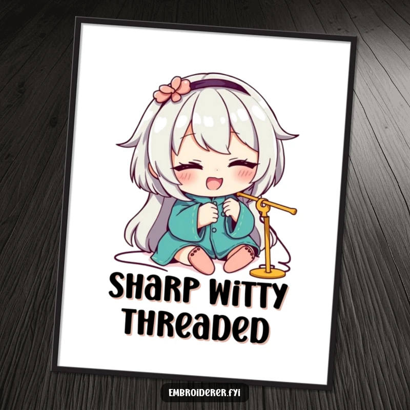 Funny Digital Art Print of a character winking with a smile while expertly threading a needle, a humorous piece.