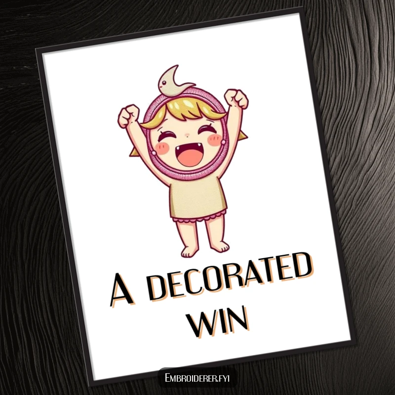 Funny embroidered patch digital art print, featuring a character holding a beautifully embroidered patch aloft, symbolizing creative triumph.