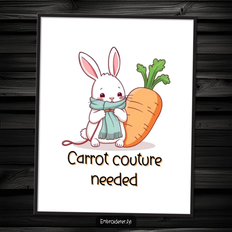 Funny digital art print of a rabbit knitting a scarf for a giant carrot, ideal for whimsical wall decor.