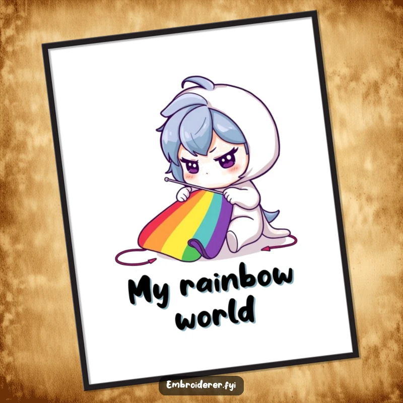 Funny Digital Art Print: Determined character sewing a vibrant rainbow, symbolizing hope and creativity.