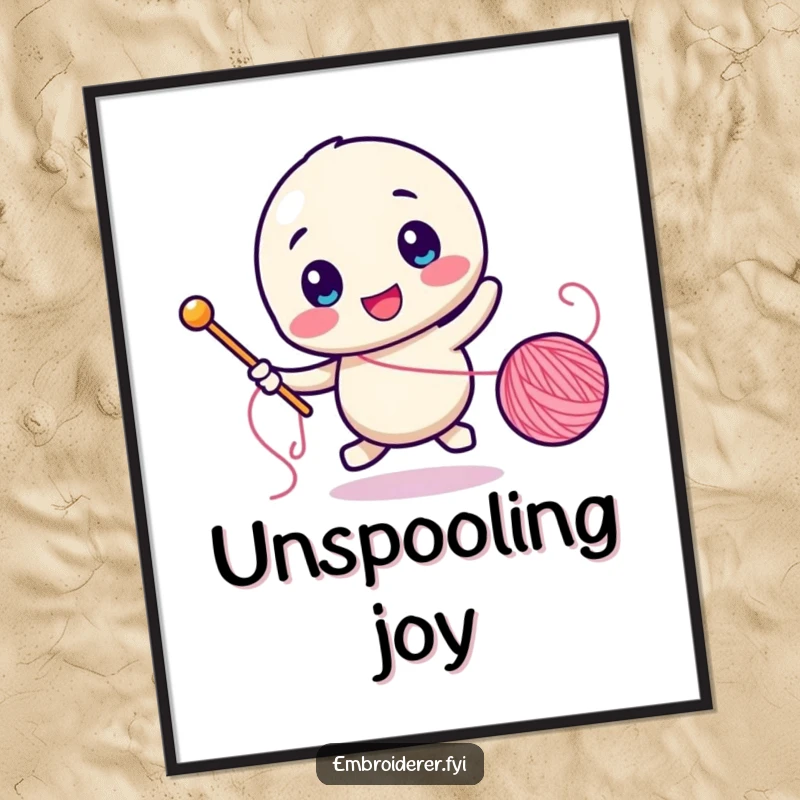 Funny digital art print, character comically chasing a runaway spool of thread with a needle, full of sewing fun.