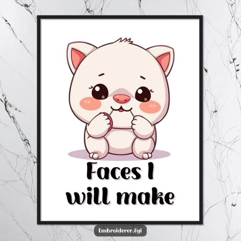 Funny digital art print of a mischievous character attempting to sew a tiny button onto its own nose, a humorous sewing mishap.