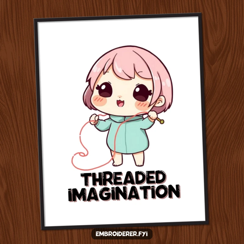 Funny stitch artist digital art print of a playful character drawing a swirling, decorative line with needle and thread, for decor.