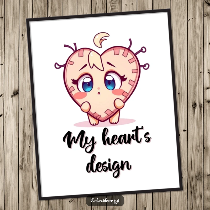 Funny stitch surprise digital art print of a character wide-eyed at a wobbly, half-finished stitched heart, for decor.