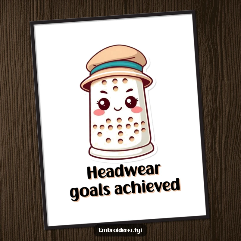 Funny anthropomorphic thimble determinedly wearing a tiny hat, depicted in a digital art print, showcasing perseverance with humorous appeal, perfect for funny art buyers.