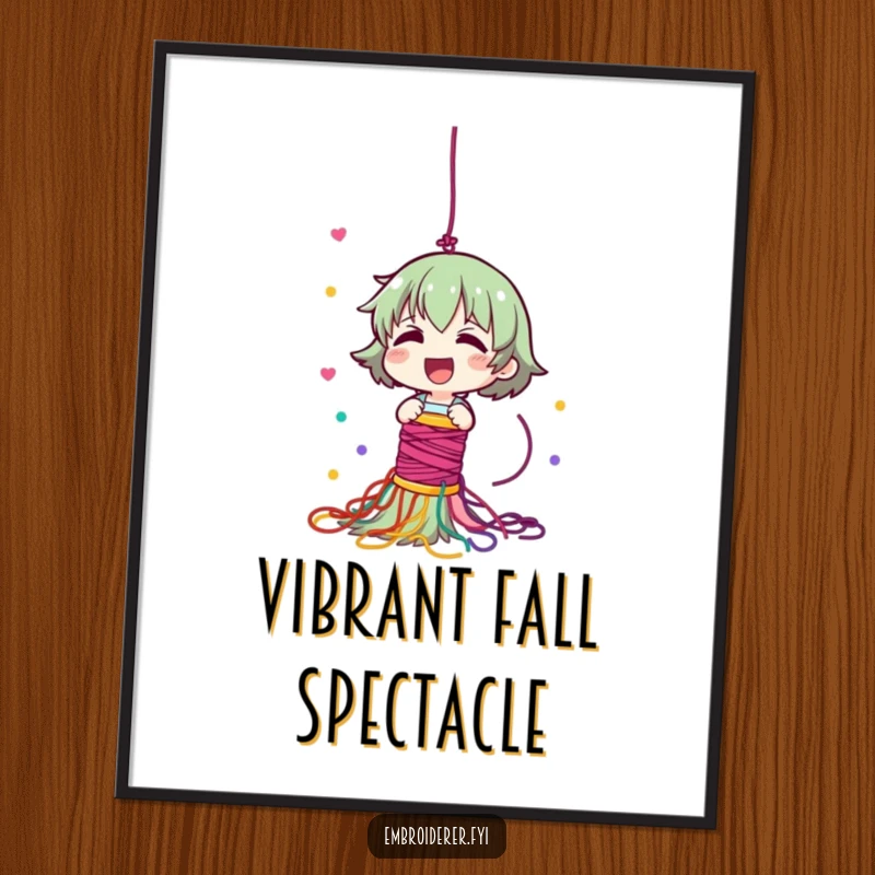 Funny digital art print of a giggling character dropping a spool of thread, creating a vibrant and colorful cascade of yarn.