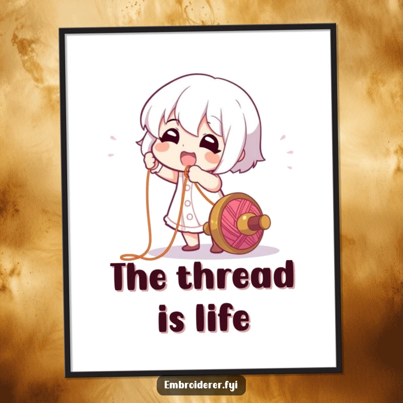 Funny Digital Art Print: A character gleefully pulling a long, colorful thread from a spool, celebrating the creative process.