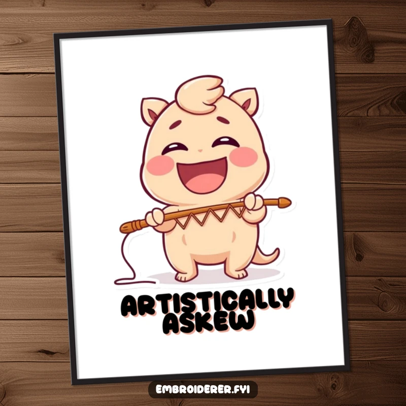 Funny digital art print of a character with a gleeful laugh, using a large needle to make a comical zig-zag stitch pattern.