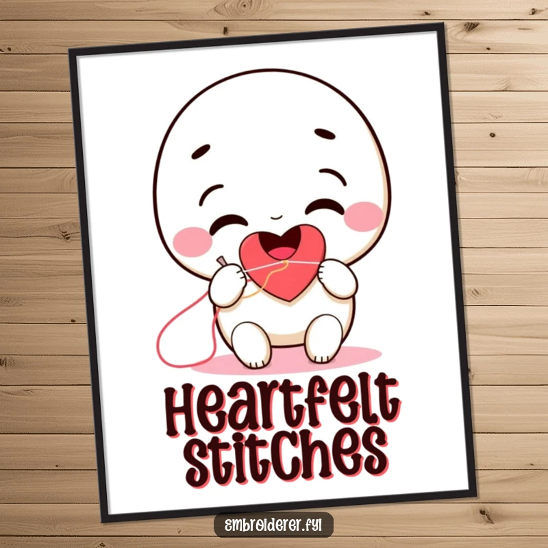 Funny smiling character using a needle and thread to stitch a heart, depicted in a digital art print.