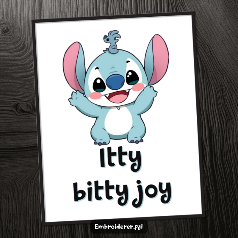 Funny digital art print of a delighted character holding up a ridiculously small stitch, perfect for sewing rooms and celebrating crafting.