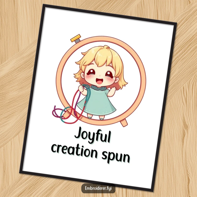 Funny digital art print of a delighted character pulling a long colorful thread from a giant embroidery hoop, instant download.