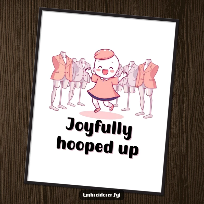 Funny Digital Art Print of a character doing a happy dance surrounded by floating embroidery hoops, a joyous and humorous piece.