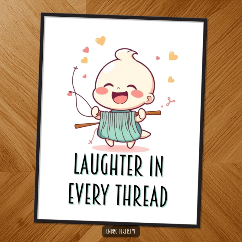 Funny digital art print of a cheerful figure laughing as stitches fly from a needle at high speed, perfect for sewing enthusiasts.