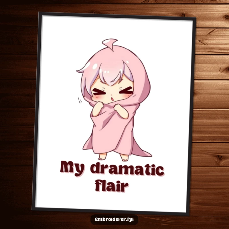 Funny digital art print of a character draped in fabric, striking a silly, dramatic pose, perfect for humorous and theatrical home decor.