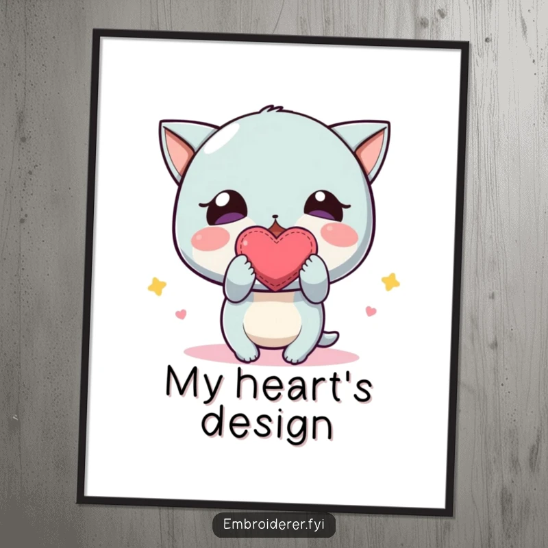 Funny Digital Art Print: A character excitedly showing off a small, crooked embroidered heart, celebrating handmade charm and imperfect love.