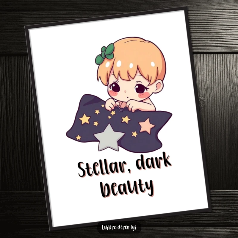 Funny digital art print of a determined character carefully stitching tiny stars onto dark fabric, representing cosmic artistry.