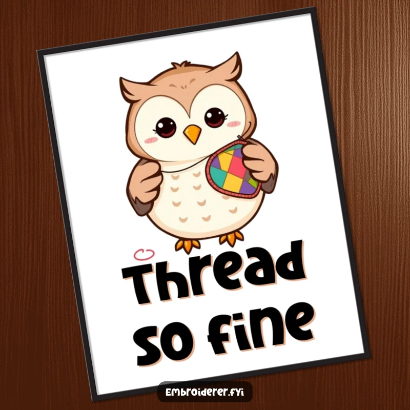 Funny digital art print of a smiling owl skillfully stitching a colorful patch, perfect for framing and artistic expression.