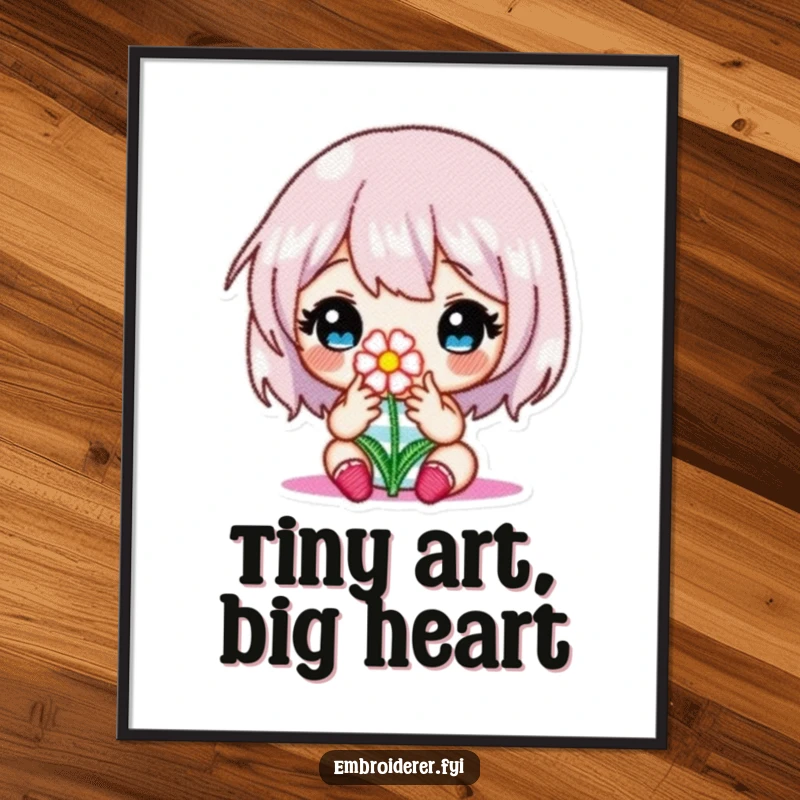 Funny digital art print of a character meticulously embroidering a tiny flower, celebrating the art of focused crafting.