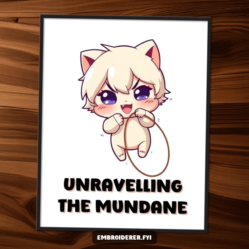 Funny Digital Art Print: Mischievous character playfully pulling a loose thread from fabric, a humorous and artistic representation of delightful chaos.