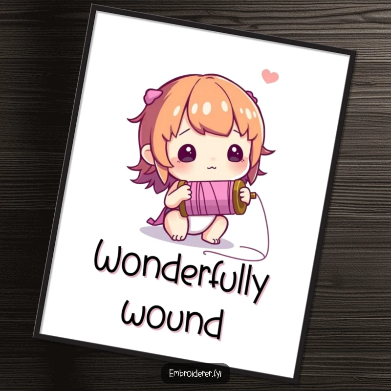 Funny digital art print of a curious character examining a spool of thread with wonder, perfect for inspiring decor.