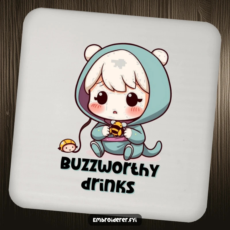 Funny Coaster: Surprised character accidentally sewing a tiny, buzzing bee, adding humor to any surface.
