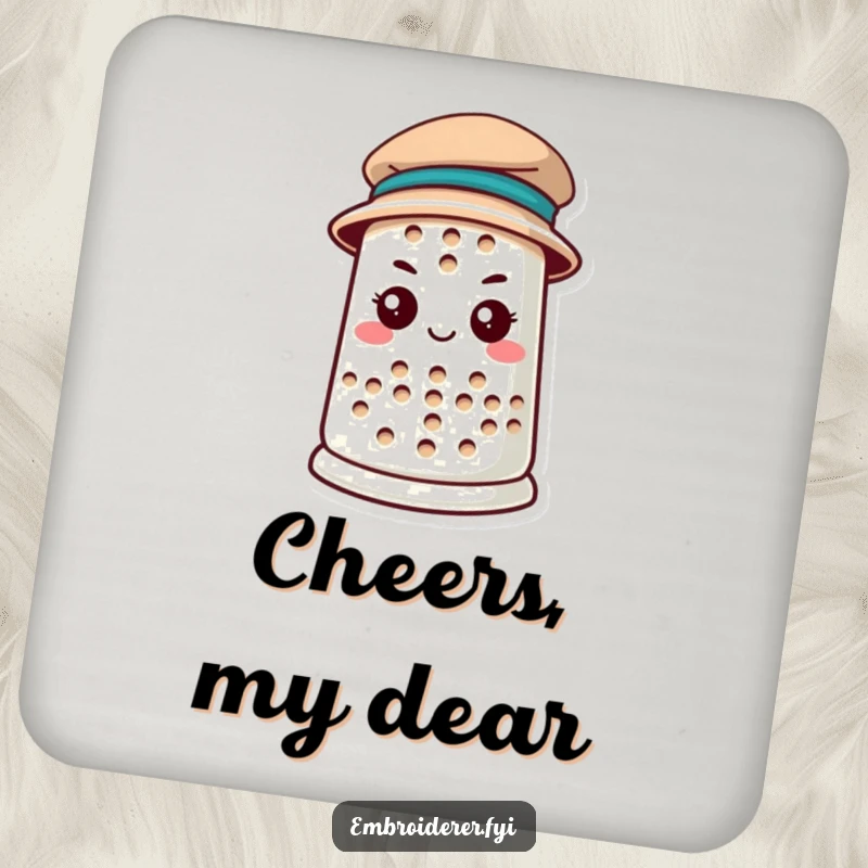 Funny anthropomorphic thimble wearing a tiny hat on drink coasters, bringing determined crafting style to tabletops, perfect for funny coaster collectors.