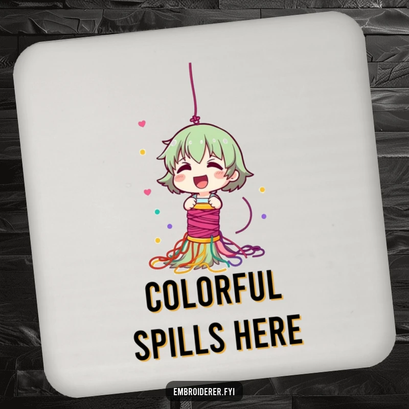 Funny coaster featuring a giggling character dropping a spool of thread, creating a colorful cascade of yarn.