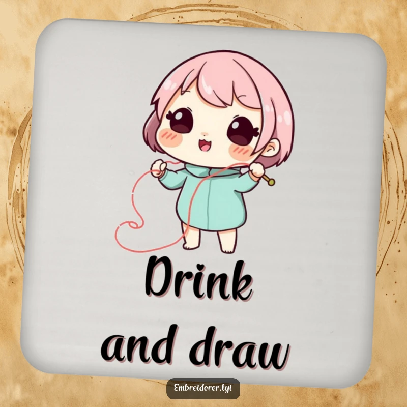 Funny stitch artist coasters with a playful character drawing a swirling, decorative line with needle and thread, for table protection.