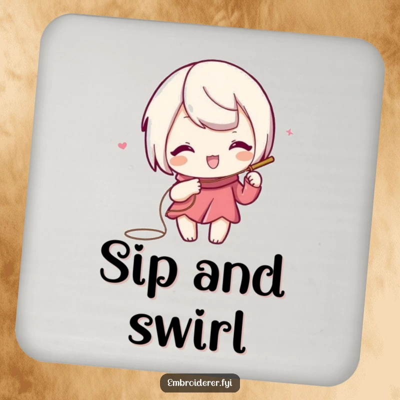 Funny drink coaster with a playful character using needle and thread to draw a swirling, decorative line.