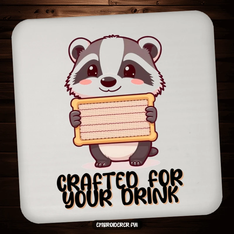 Funny Badger Stitch Coaster, a proud badger holding a stitched piece, cute and humorous drink coaster for table protection.