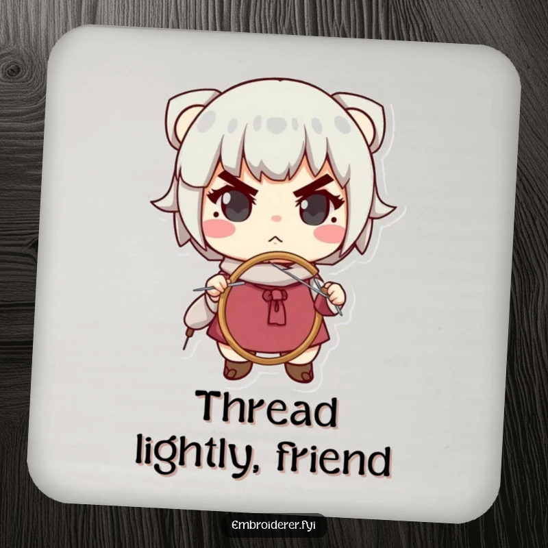 Funny drink coasters featuring a determined character actively embroidering, offering humorous protection for furniture and surfaces.