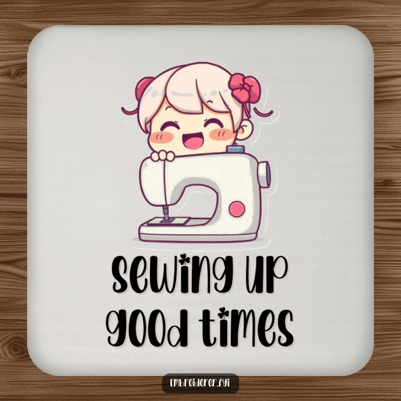 Funny Drink Coaster: Joyful character happily using a sewing machine, protecting surfaces with artistic flair and crafting enthusiasm.