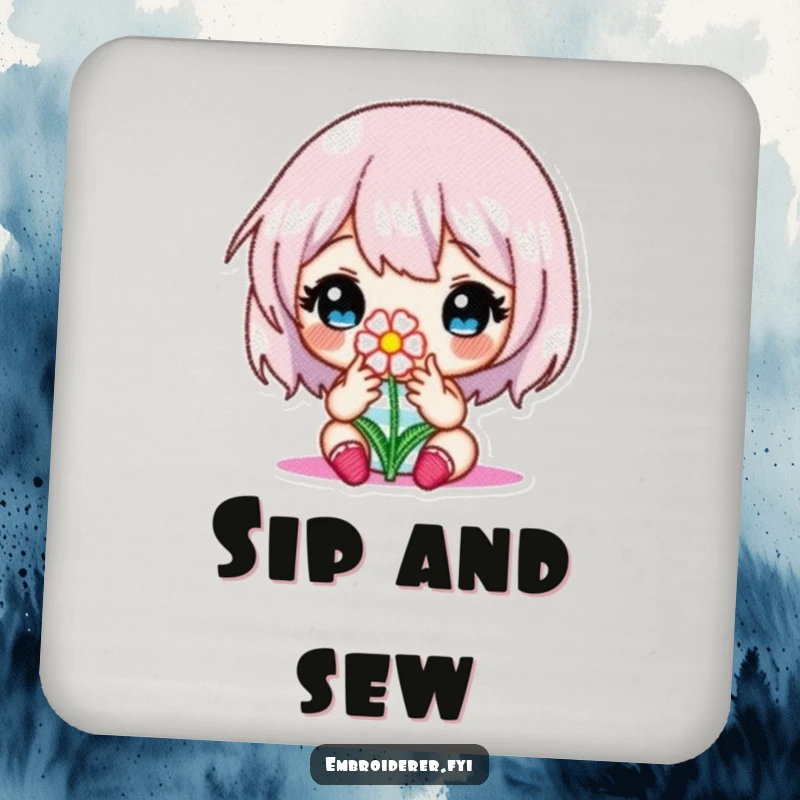 Funny drink coasters with a character focused on embroidering a tiny flower, adding a touch of delicate art.