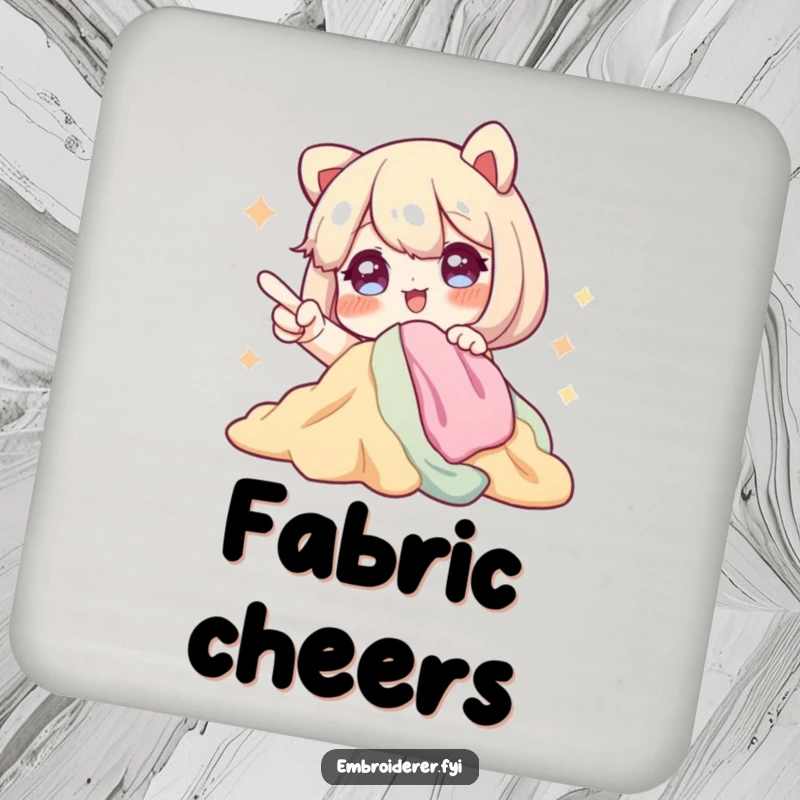 Funny drink coaster featuring a character with sparkling eyes, excitedly pointing at a pile of fabric, protecting surfaces with textile charm.