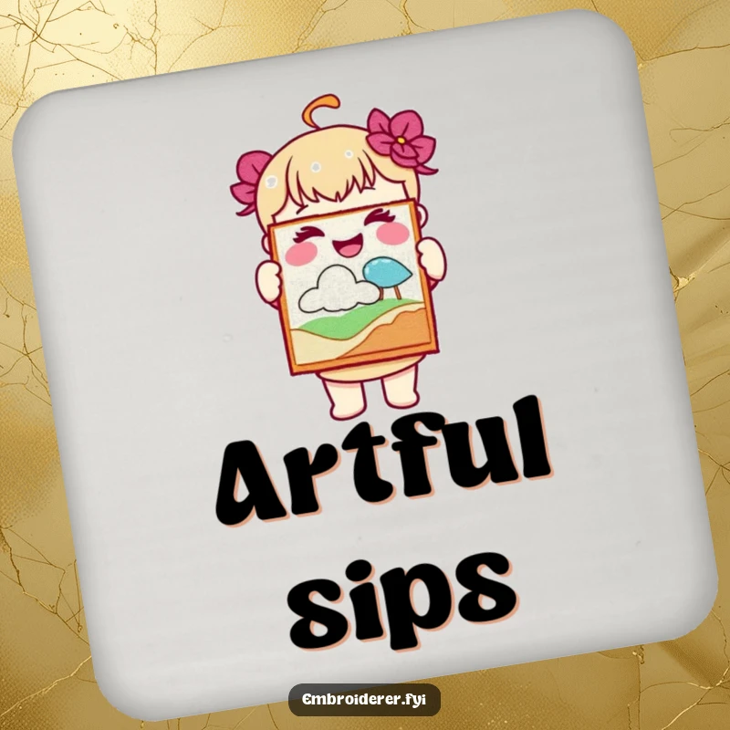 Funny drink coasters with a joyful character holding up a piece of embroidered art, adding a touch of creative pride.