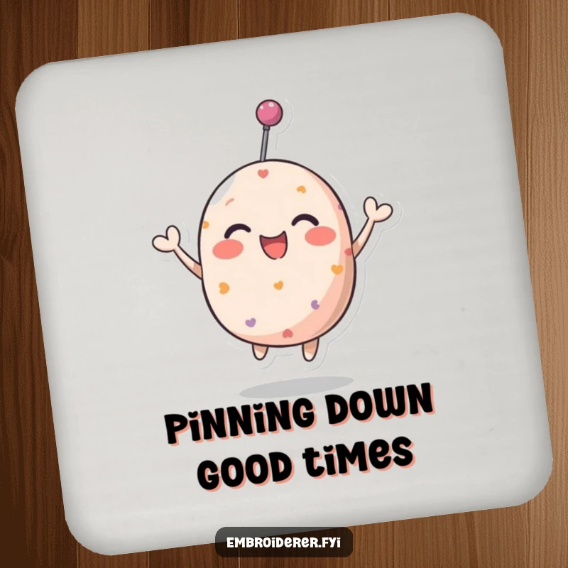 Funny pincushion drink coasters showcasing a character bouncing with glee, adding humor to tabletops.
